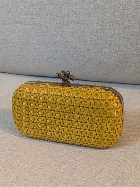 Mustard Yellow Woven Clutch Kiss Lock Evening Bag Chain Strap Statement Piece